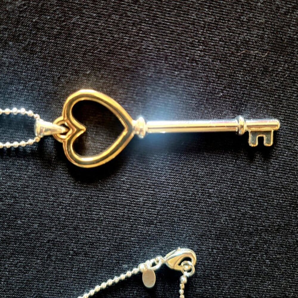 Elegant Heart Key Necklace – 36” Silver Chain